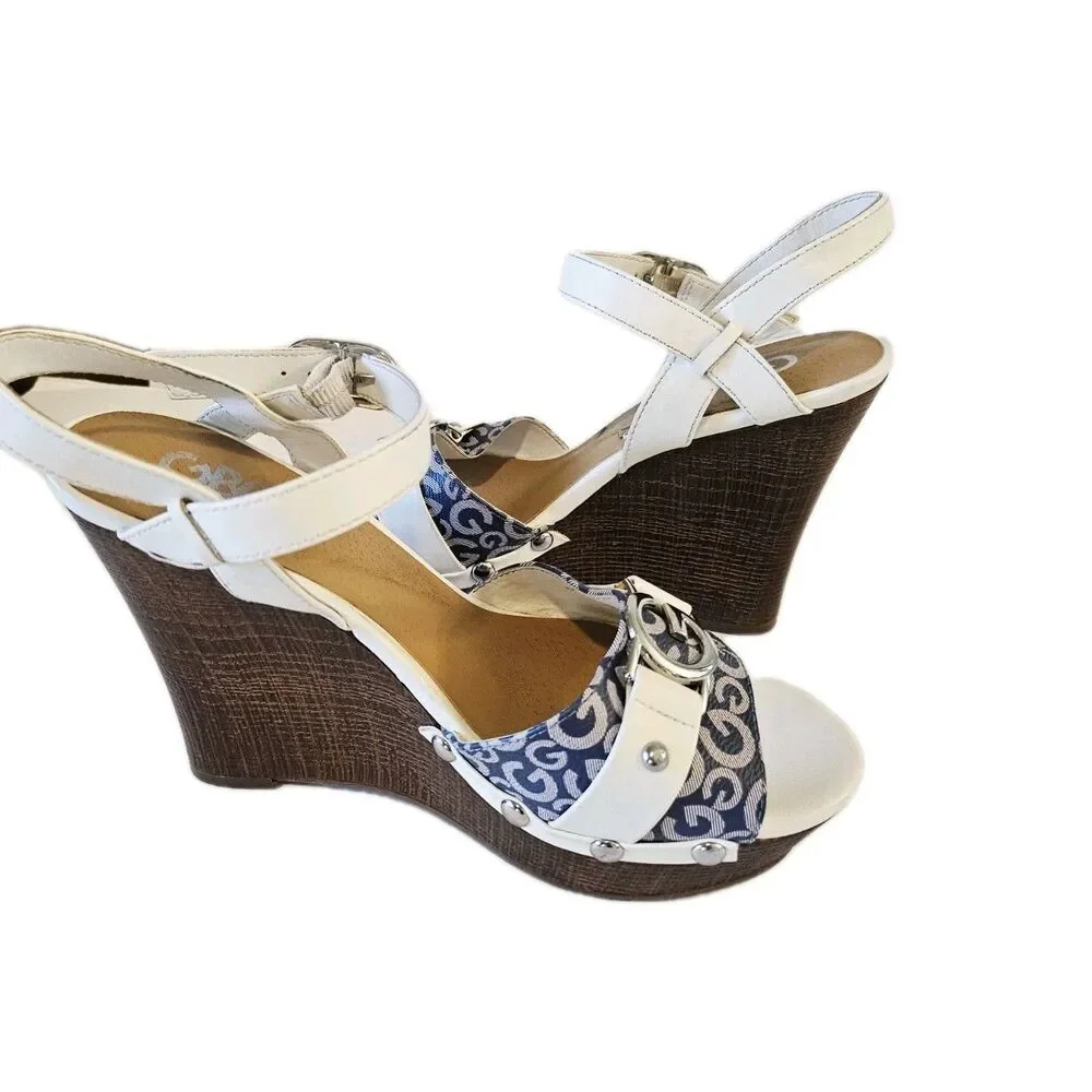 GBG Los Angeles by GUESS Women's Blue Monogram Platform Wedge Sandals
